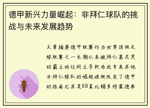 德甲新兴力量崛起：非拜仁球队的挑战与未来发展趋势